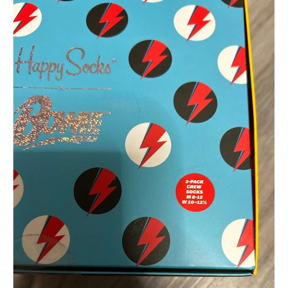 Happy Socks Mens David Bowie 3-Pack Crew Socks Cotton Blend 8-12 Multi Lightning